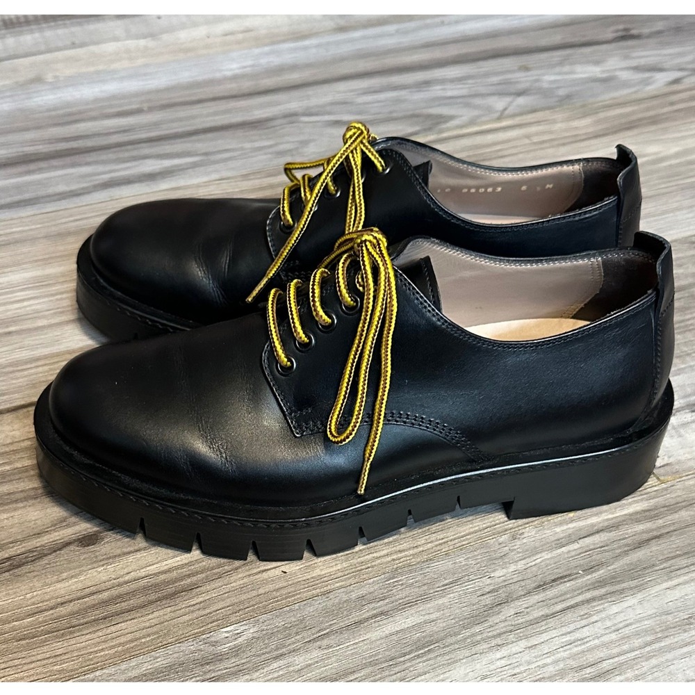 Salvatore Ferragamo Mens Black Rudy Leather Lug Sole Derby Shoes Size 6 Italy